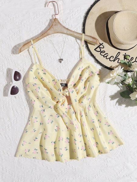 

floral print tie front cami t6bf#, White