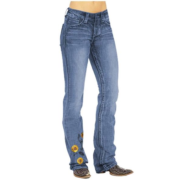 

women's jeans wide leg for women bottom embroidery flroal printing denim pants pocket hole casual party high waist, Blue