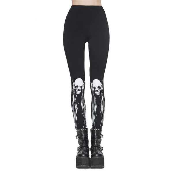 

women's leggings punk high waist skull stretch cotton pants pu skinny party long trousers women, Black