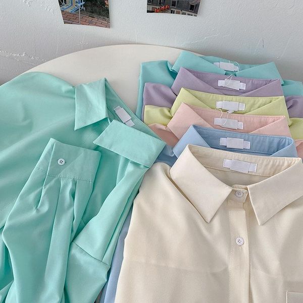 

women's blouses & shirts yeeloca vintage versatile shirt spring lapel solid blousers korean elegant loose long sleeve top, White