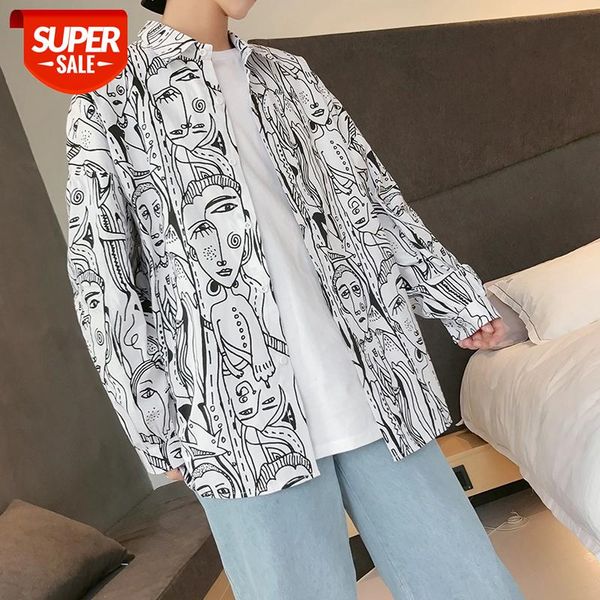 

2018 men's white slim fit cotton clothes hawaiian doodle printing long sleeve french cuff fashion hip-hop style shirts -2xl #ar5q, White;black