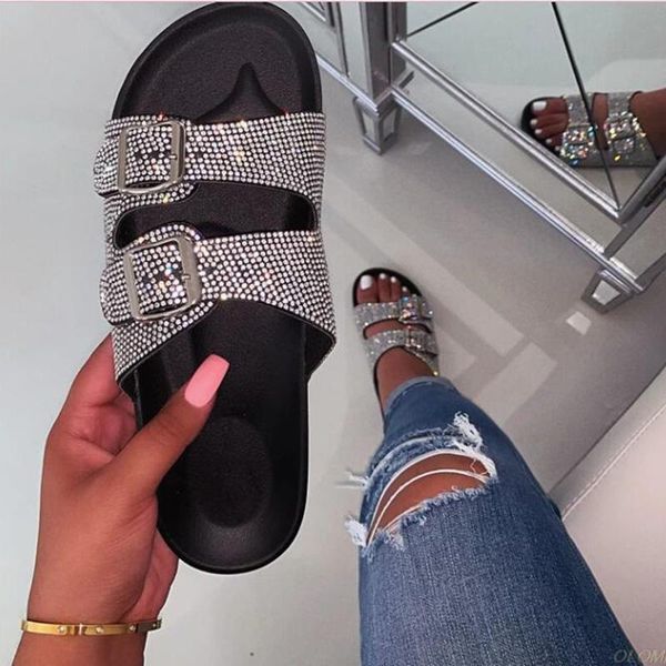 

slippers women rhinestone outdoor beach bright diamonds women's platform shoes summer sandals crystal buckles lazy slipper, Black