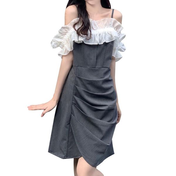 

casual dresses 4xl ruffle dress women plus size summer above knee 2021 fashion mesh suspender pleated slim temperament, Black;gray
