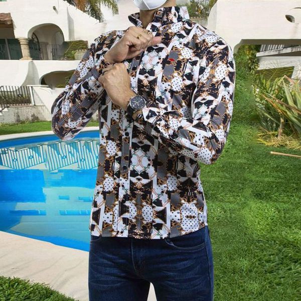 

men's casual shirts shirt autumn long sleeve buttoned cardigan 2021 streetwear vintage pattern printed stand collar for men, White;black