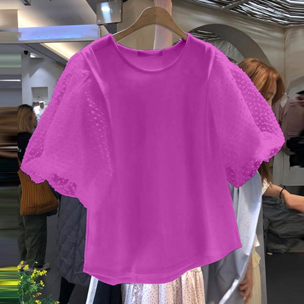 

fashion mesh patchwork woman tshirts sweet puff short sleeve designed tee summer o-neck soft for women 210514, White