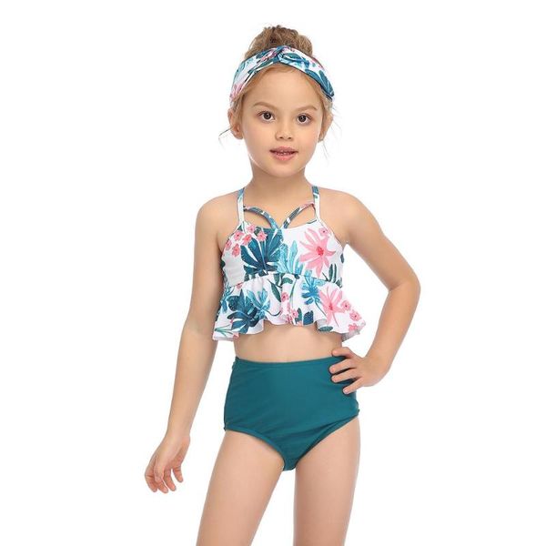 

cute monstera printed bikini set swimsuit for teen gilrs ruffled high waist kids tankinis 2t-14t children beach swimwear two-piece suits