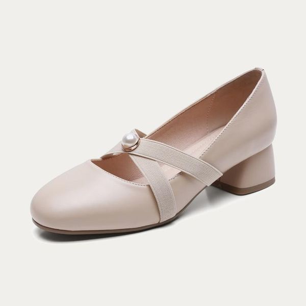 

dress shoes kmeioo genuine leather women round toe chunky heels pearl cowskin pumps cross-tie slip on block, Black