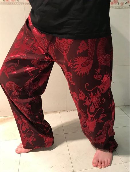 

satin silky good silk women pants plus size elastic waist chinese dragon print slim pocket pant japan men trouser home, Black