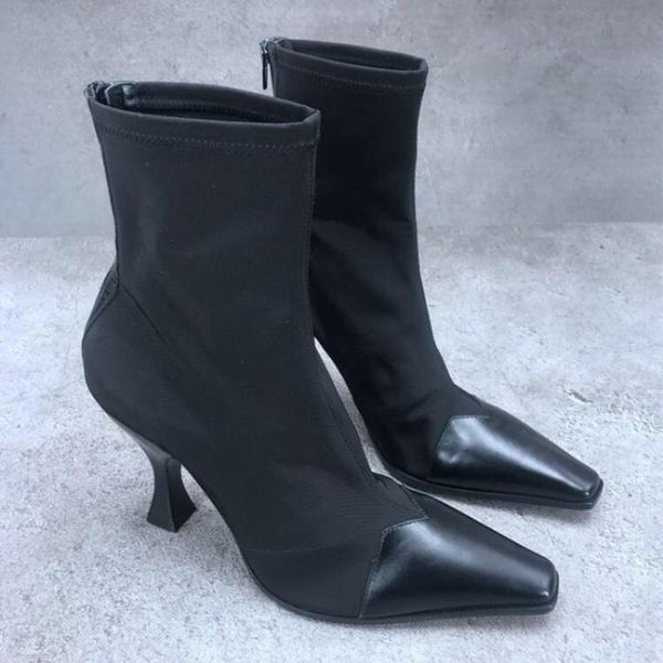 

boots elastic force woman high heel fine socks spelling color boot, Black