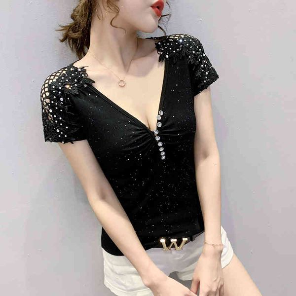 

women's t-shirt summer korean clothes t-shirt chic patchwork embroidery diamods button hollow out women ropa mujer shirt, White