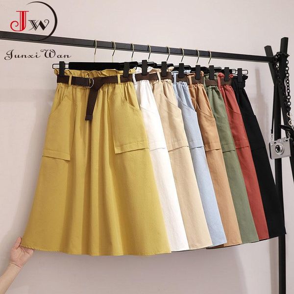 

skirts preppy style women summer skirt 2021 spring casual solid high waist with belt big pocket cotton elegant office party midi, Black