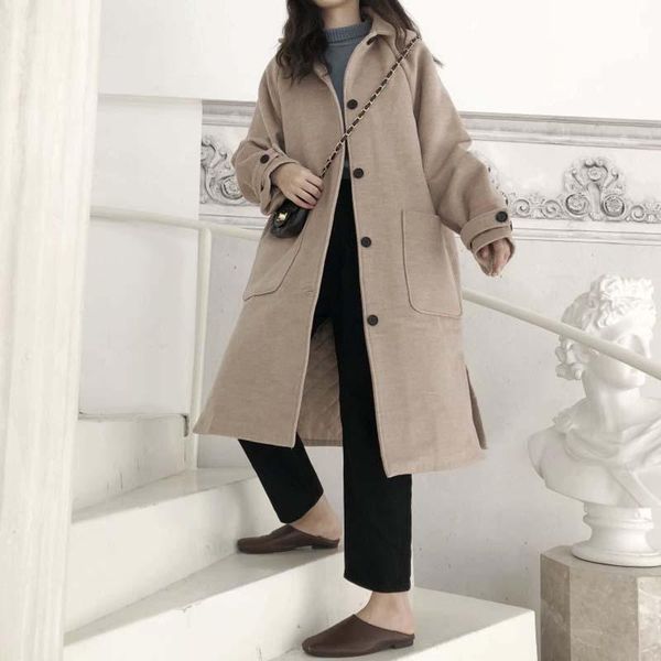 

women's wool & blends autumn solid long woolen coat single breasted turn down collar women overcoat elegant loose outerwear casaco femi, Black