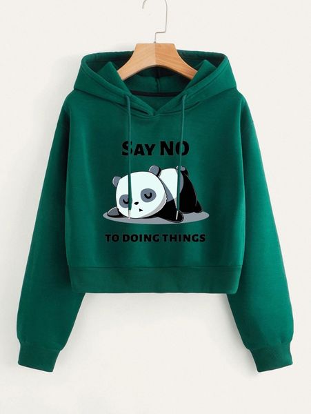 

panda & slogan graphic drop shoulder drawstring thermal lined hoodie v4fn#, White;black