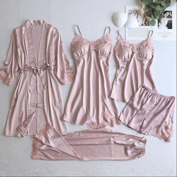 

lace home wear sleep women sleepwear set casual satin gray clothing silky solid 5pcs suit nightgown, Black;red
