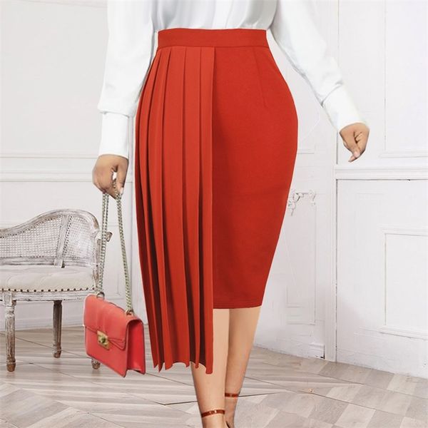 Плиссированные юбки для женщин плюс размер высокая талия на коленях длиной пакет бедра нерегулярная оранжевая юбка вечерняя вечеринка летняя мода 210527