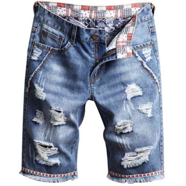 

mens 2019 new fashion short jeans straight hole street pants vintage knee length male summer jeans, Blue