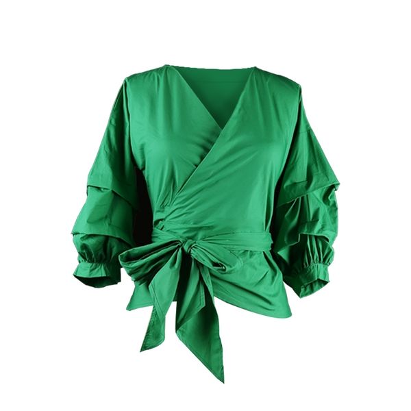 Sexy V Neck Mulheres Casuais Camisas Com Cinto Sashes Peplum Meios Mangas Manga Verde Clubwear Party Fashion Tops 210527