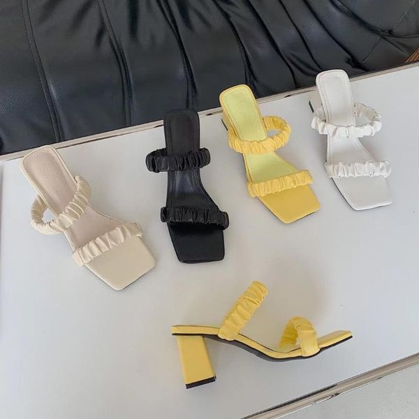 

slippers open toe women sandals narrow band square high heels pumps slip on mules shoes candy color hollow design summer party, Black