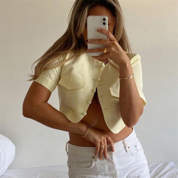 

women's suits & blazers women solid color crop blazer fashion vintage pocket short sleeve office female o-neck chic outwear b, White;black