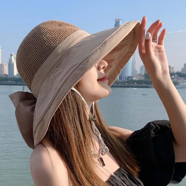 

wide brim hats breathable cap summer bowknot bucket hat foldable beach sun mesh straw outdoor visor, Blue;gray