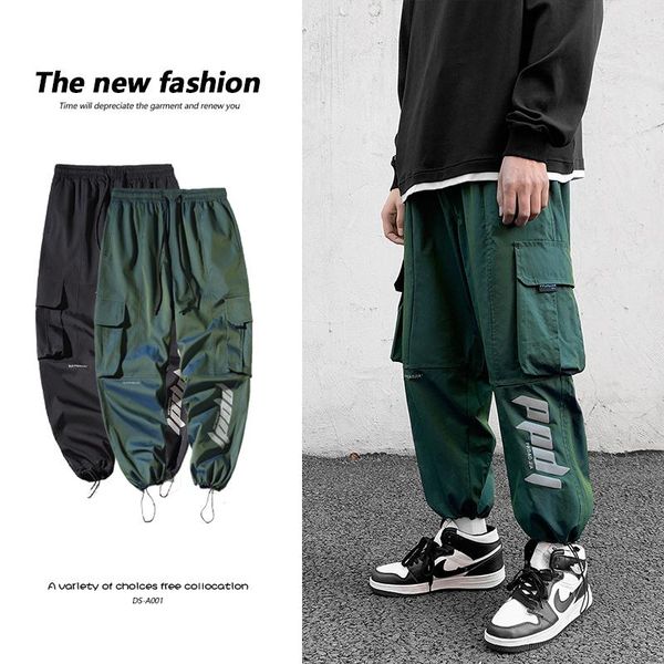 

spring fashion streetwear hip hop mens pants harem joggers tooling colorful reflective ankle length trouse men's, Black