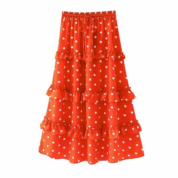 

skirts wave dot printing ruffle decoration women red skirt 2021 fashion casual ladies elastic waist loose a-line p1621, Black