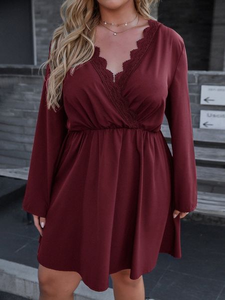 

plus contrast lace wrap a-line dress v4un#, Black