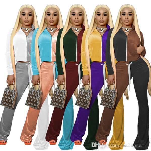

women tracksuits velvet outfits two piece set designer contrast color long sleeve hoodie zipper jacket bell bottom trouser velour sportwear, Gray