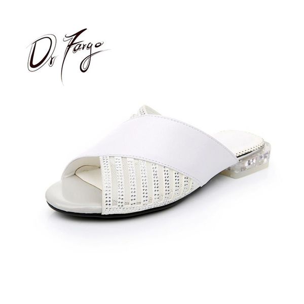 

slippers drfargo 2021 for women mesh leather slip on peep toe crystal flat heel white black shoes mujer zapatos 3506 size 35-43