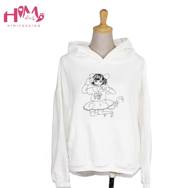 

himifashion brand women sweatshirt white cat girl cartoon prints cotton hoody with cap pink cute keep warm hoodies, Black