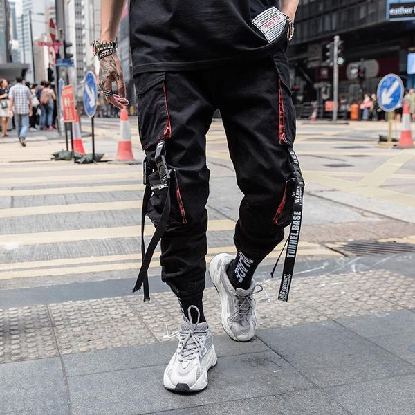 

m-5xl plus size mens ribbon casual harem streetwear hip hop cargo trousers joggers sweatpant male loose pocket pants, Black