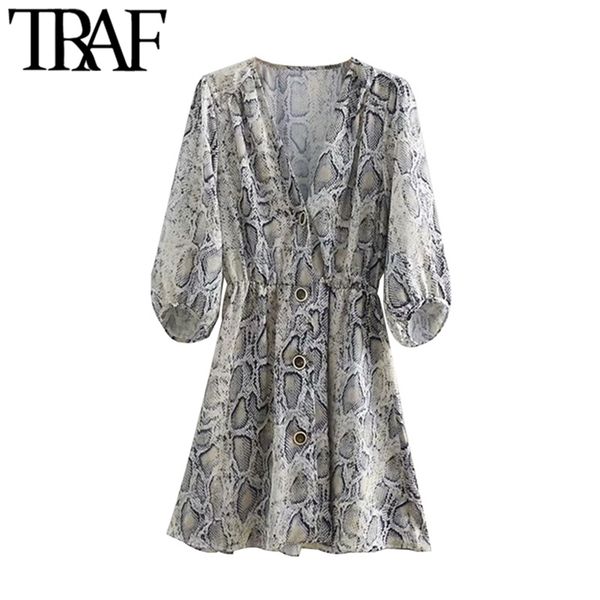 

women snake print pleated mini dress vintage fashion three quarter sleeves animal pattern dresses vestidos mujer 210507, Black;gray