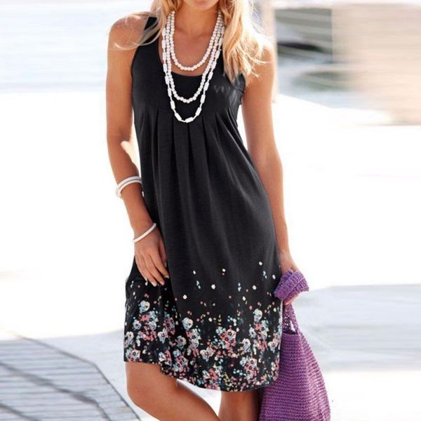 

summer brief printing sleeveless evening party dress o-neck loose beach vest women, Black;gray