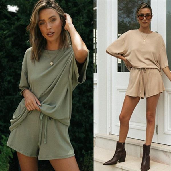 

women's tracksuits fashion casual solid loose womens suit half sleeve o-neck lace short pants two-piece for women, Gray