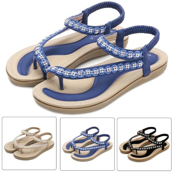 

women bohemia sandals ladies crystal casual flat elastic band bohemian beach shoes summer, Black