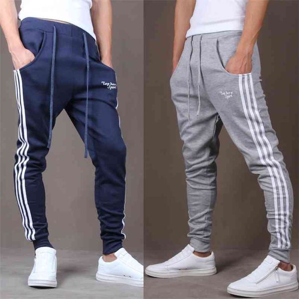 

fashion tracksuit bottoms mens casual pants cotton sweatpants joggers striped track gyms clothing 210715, Black