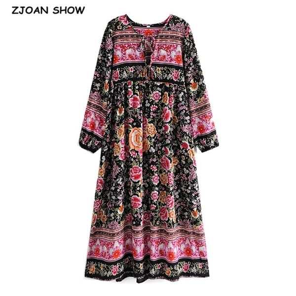 

holiday bandage lacing up collar contrast color flower print dress boho woman long sleeve maxi bohemian dresses beach 210429, Black;gray