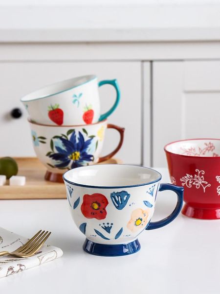 

ins mugs with handgrip big capacity 450ml cute fruit strawberry floral printed ceramic cup suitable for microwave oven