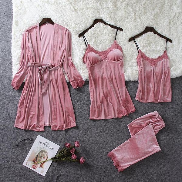 

women's sleepwear 4pcs spring autumn style nightgown suit female golden velvet black sling nightdress home service, Black;red