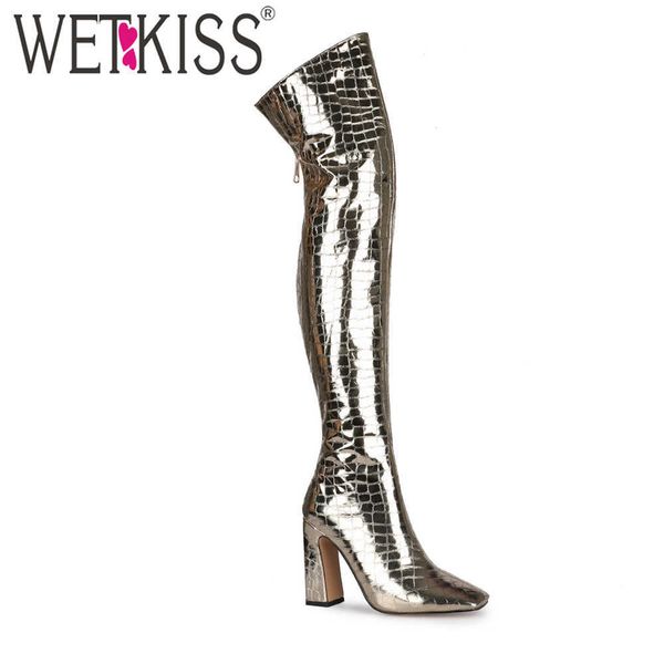 

wetkiss shiny ladies over the knee boots square toe embossed patent thigh high boot thick high heel winter woman shoes party bar 210630, Black