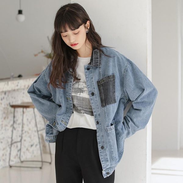 

women's jackets 2021 color matching denim basic jacket coat fashion spring and autumn korean loose, Black;brown