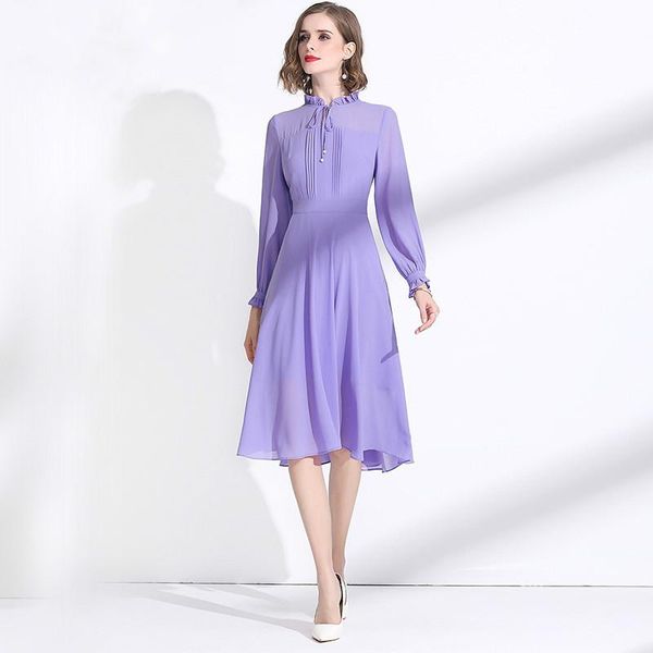 

casual dresses long sleeved dress women's 2021 spring stand collar solid color lilac chiffon a-line elegant mid-calf length -xxl, Black;gray
