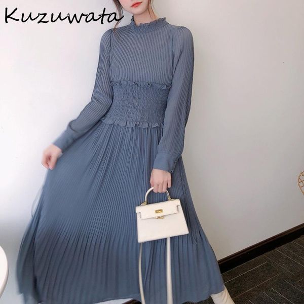 

casual dresses kuzuwata 2021 fshion women robe temperament vintage vestidos solid collar pressure pleated slim waist long, Black;gray