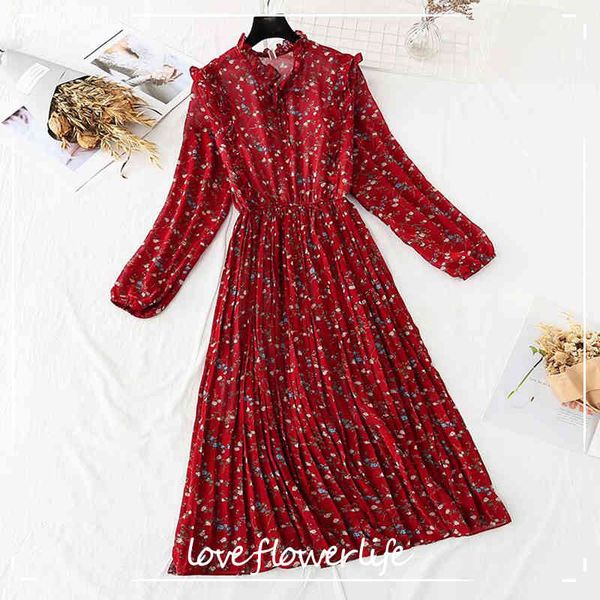 

elegant floral chiffon dresses female casual long sleeve lotus leaf collar women dress a-line vintage pleated dress vestidos 210521, Black;gray
