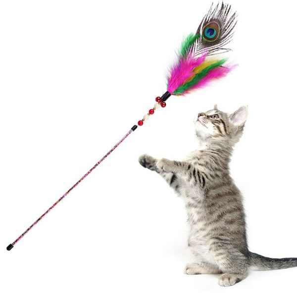 

1pc funny kitten cat teaser interactive toy rod with bell plastic feather stick wire chaser wand for pet cats random color toys