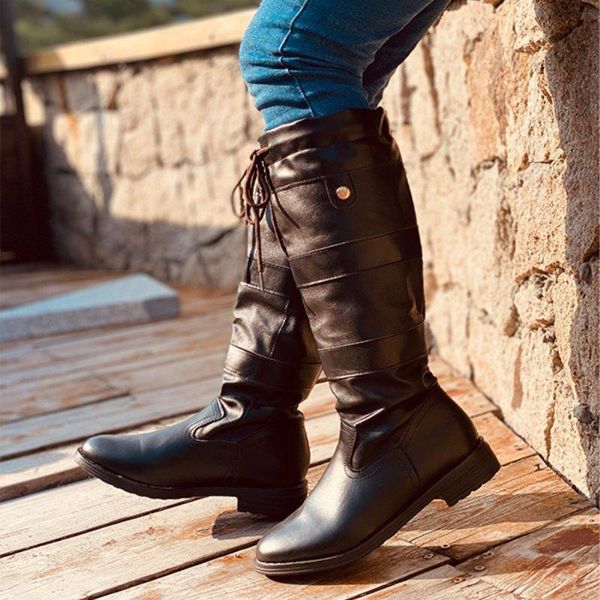 

boots fashion women's shoes 2021 round toe womens brown european american leather stitching winter square heel flat knight, Black