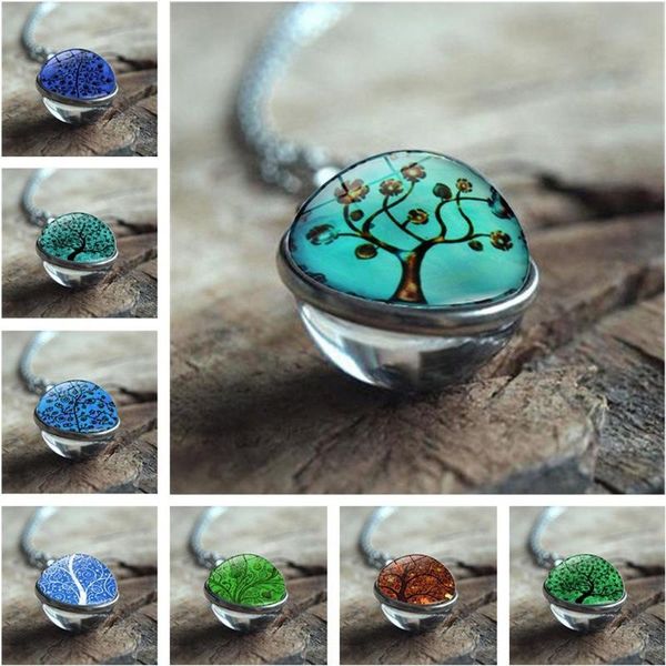 

pendant necklaces art painting retro bamboo link necklace fashion double sided glass ball tree of life jewelry for women, Silver