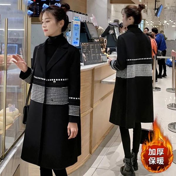 

woolen coat women mid-length thickened 2021 autumn winter suit collar jacket large size houndstooth female outwear537 women's wool & bl, Black