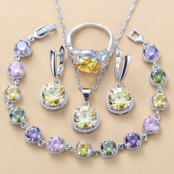 

earrings & necklace shiny yellow colorful zircon costume round jewelry sets for women and bridal wedding, Silver