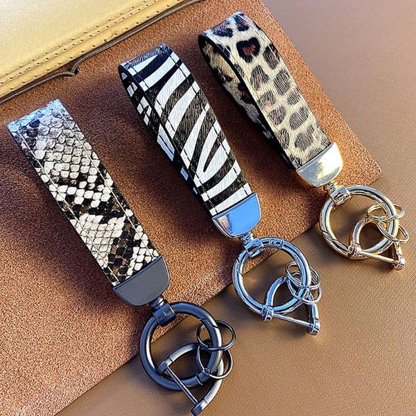 

keychains luxury genuine leather keychain lanyard men women leopard zebra snake pattern buckle car key ring holder jewelry gift, Silver
